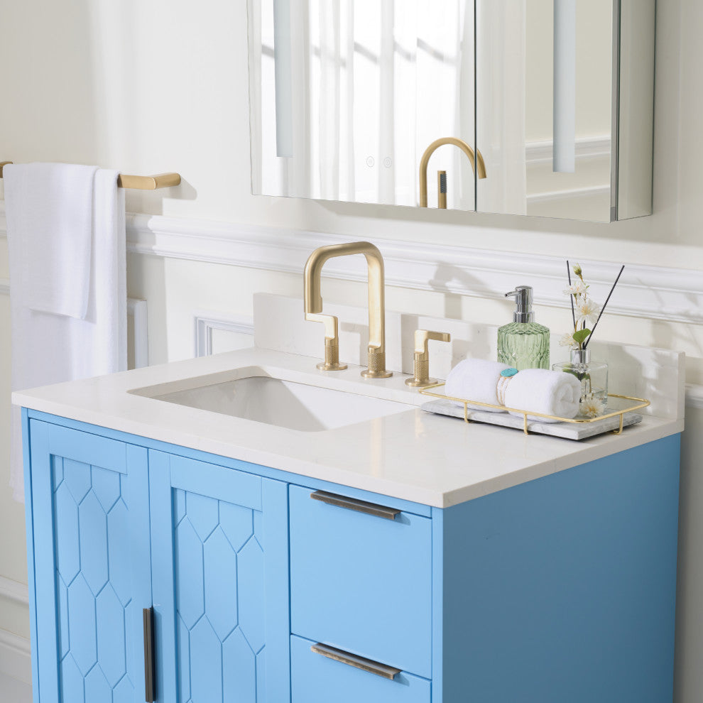 Alison Freestanding Bathroom Vanity with Italian Carrara White Marble Top, Light Blue, 36"