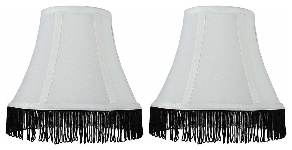 Silk Bell Lamp Shade, 5x9x7", Off White With Black Fringe, Set of 2