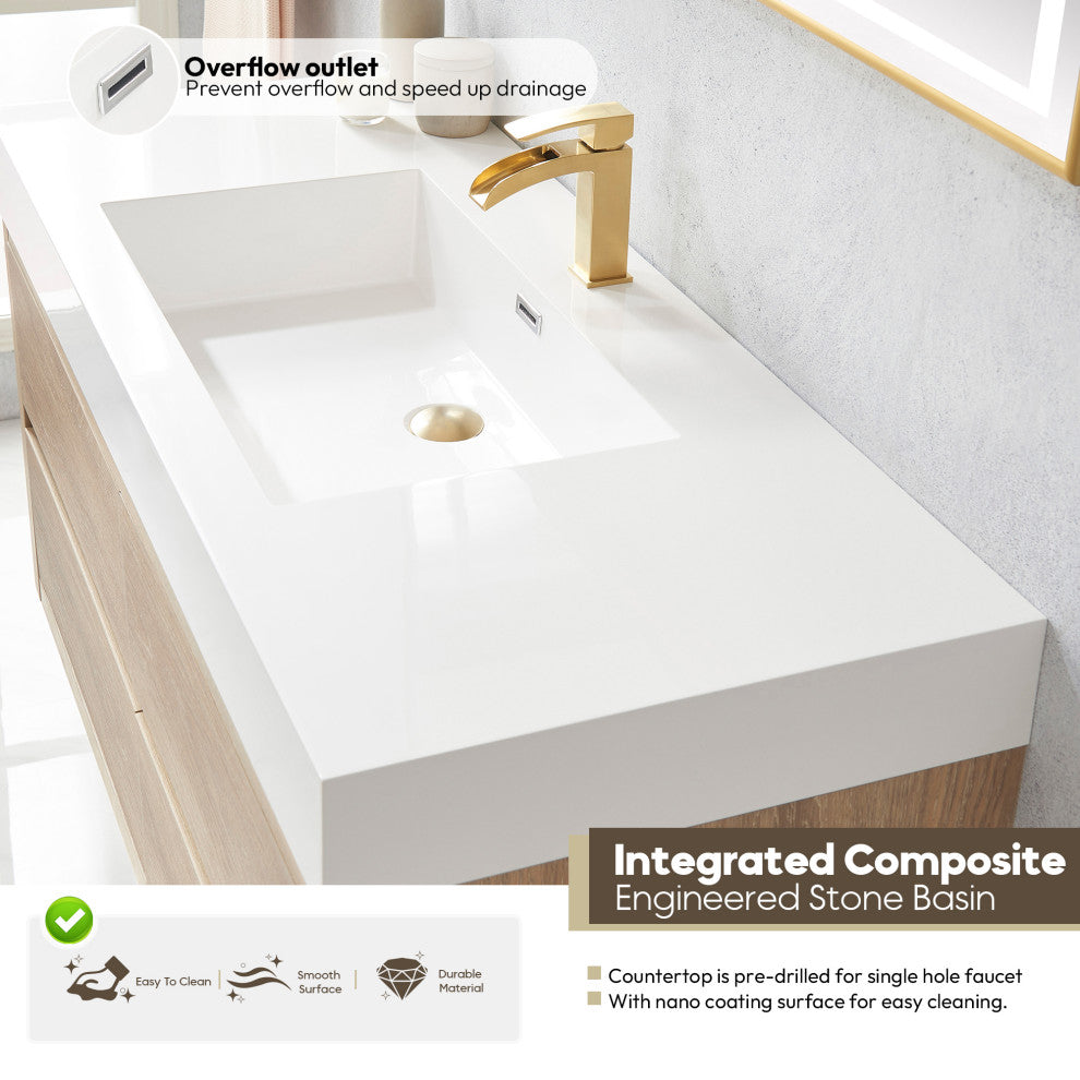 Palencia Floating Bath Vanity With Composite Stone Top, North American Oak, 48", No Mirror