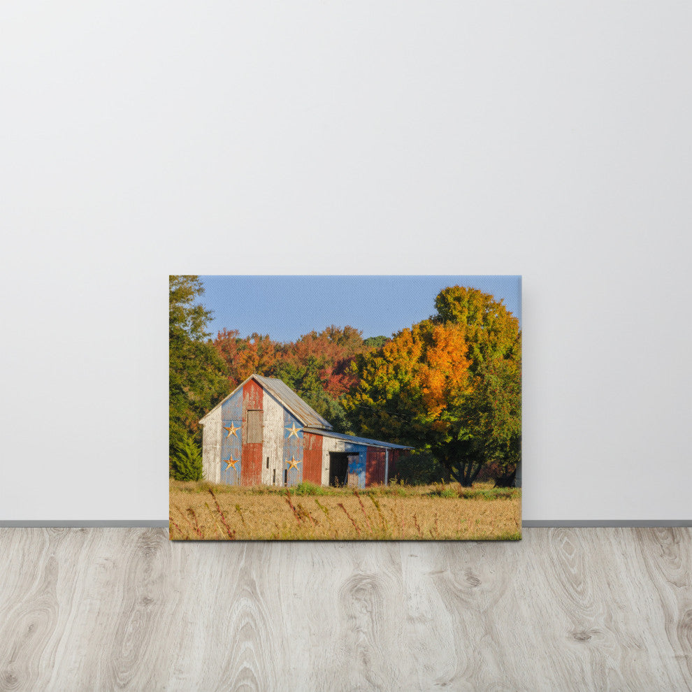 Patriotic Barn in Field Traditional Rural Canvas Wall Art Print, 18" X 24"