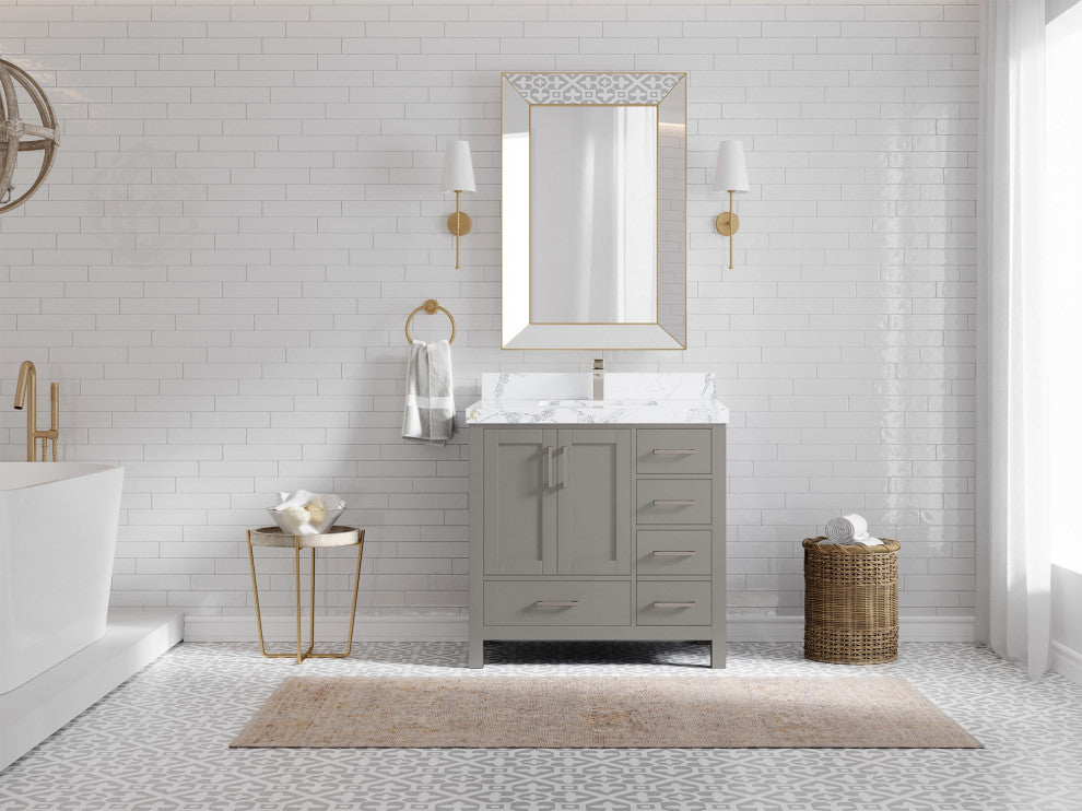 Malibu 36 Center Sink Bath Vanity in Elephant Skin Gray 2" Calacatta Poanazzo