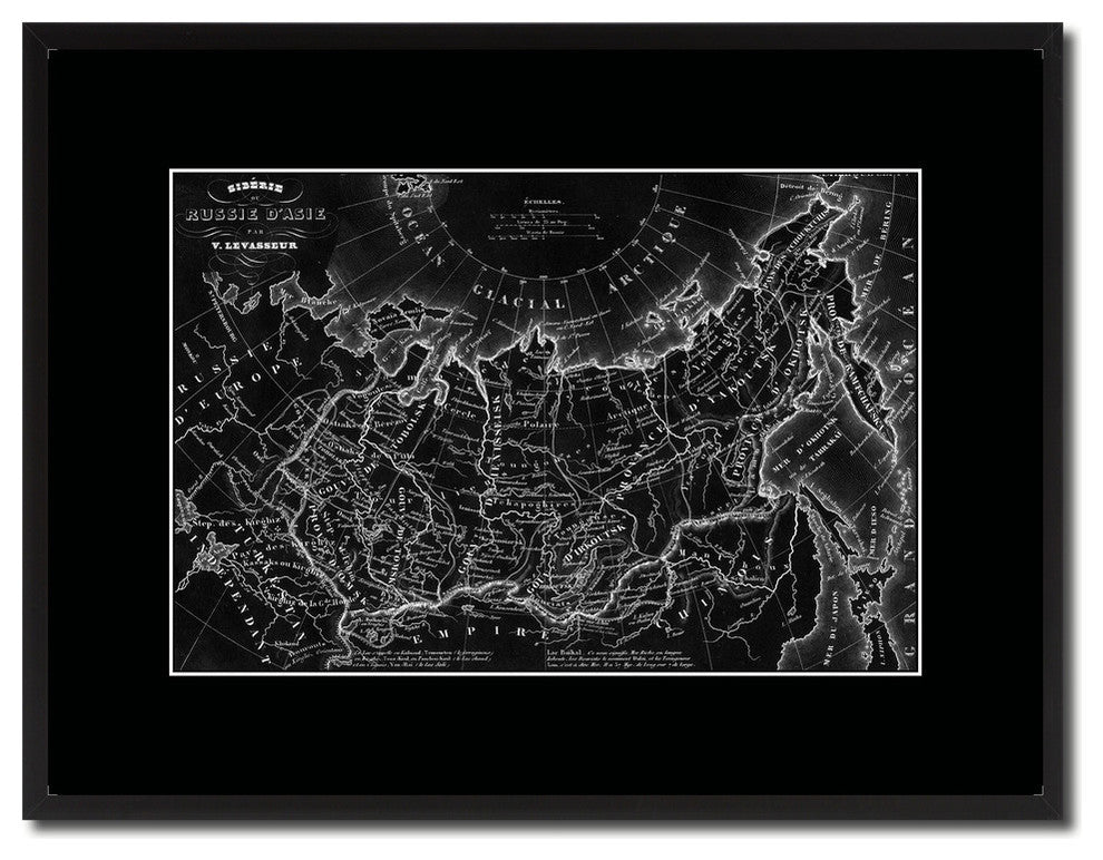 Siberia, Russia, Asia Old Monochrome Map Print On Canvas With Frame, 16" X 21"