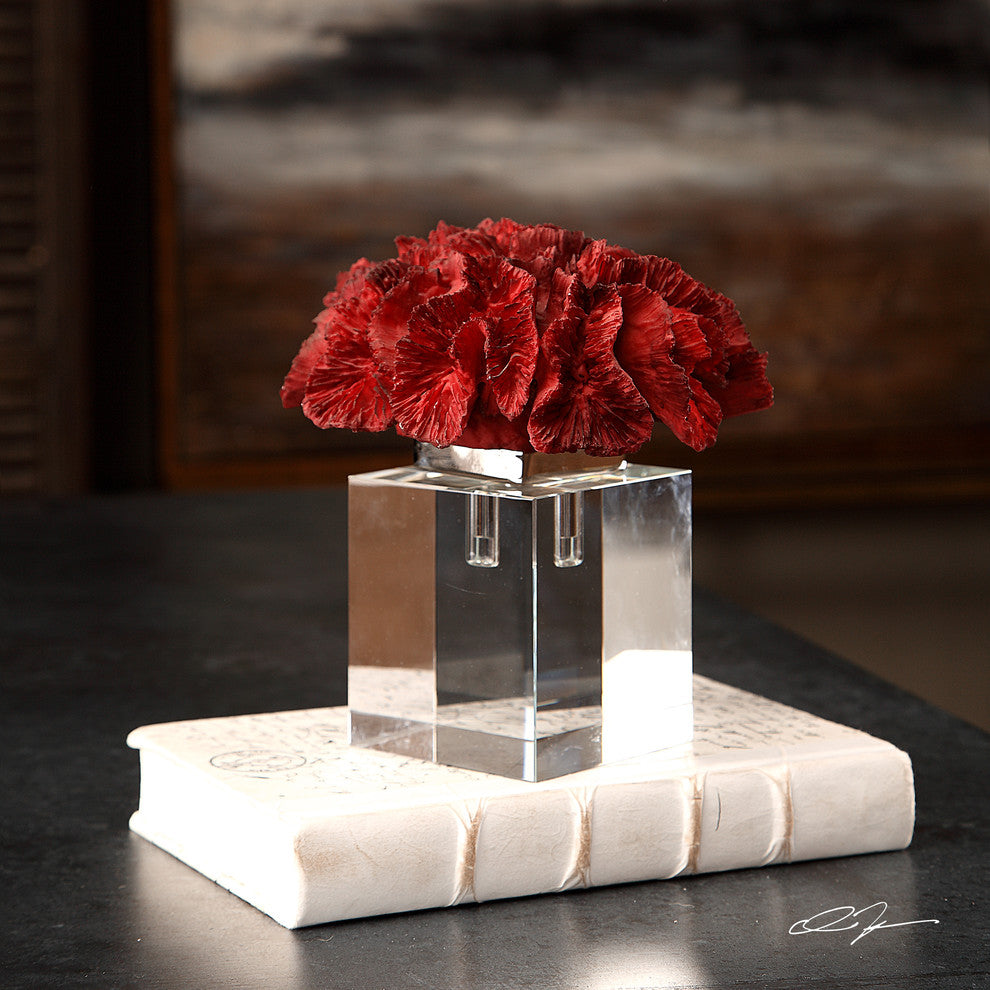 Luxe Modern Red Coral Crystal Cube Sculpture, Coastal Sea Shell Finial Statue