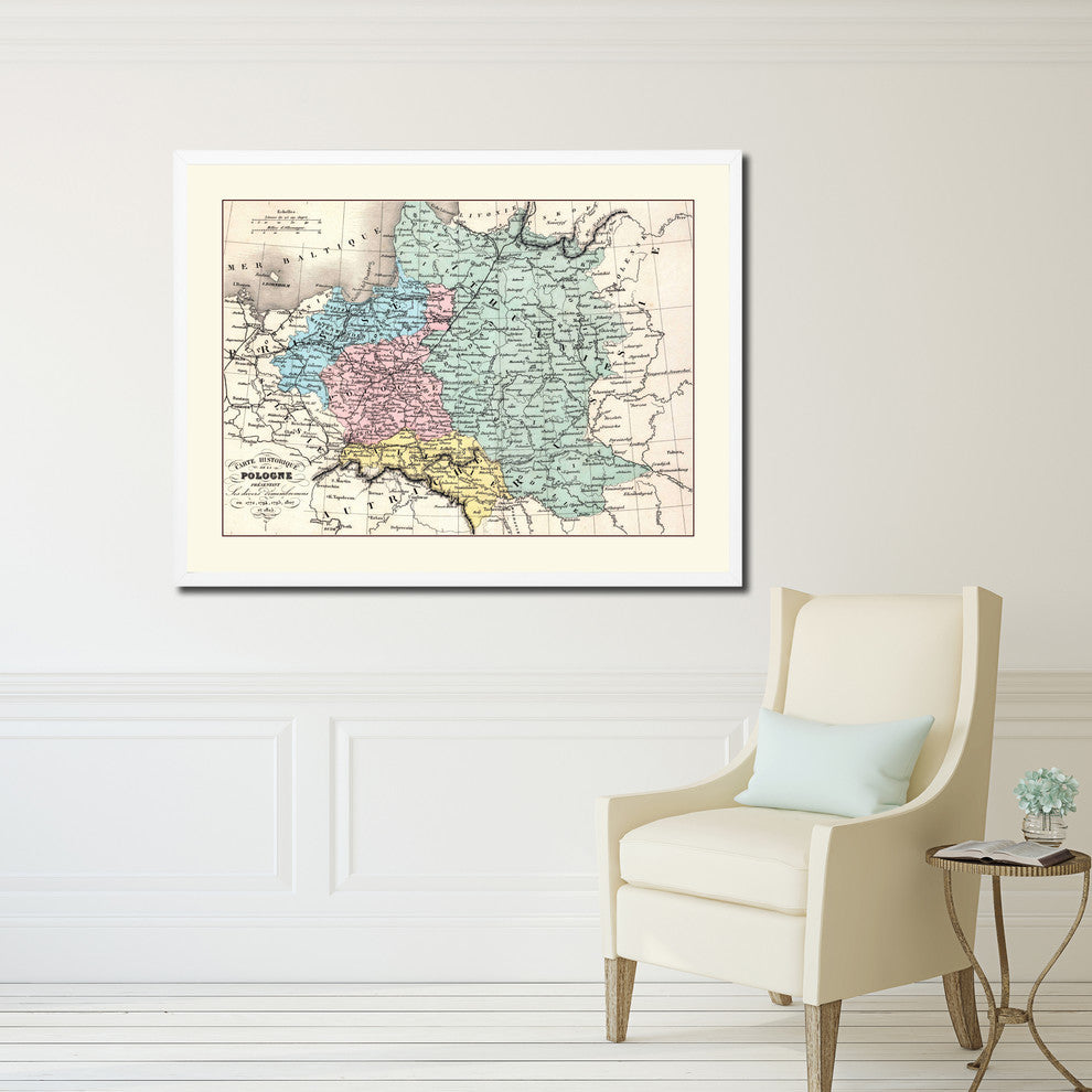 Poland, Prussia Germany Old Map Print On Canvas With Frame 16" X 21"