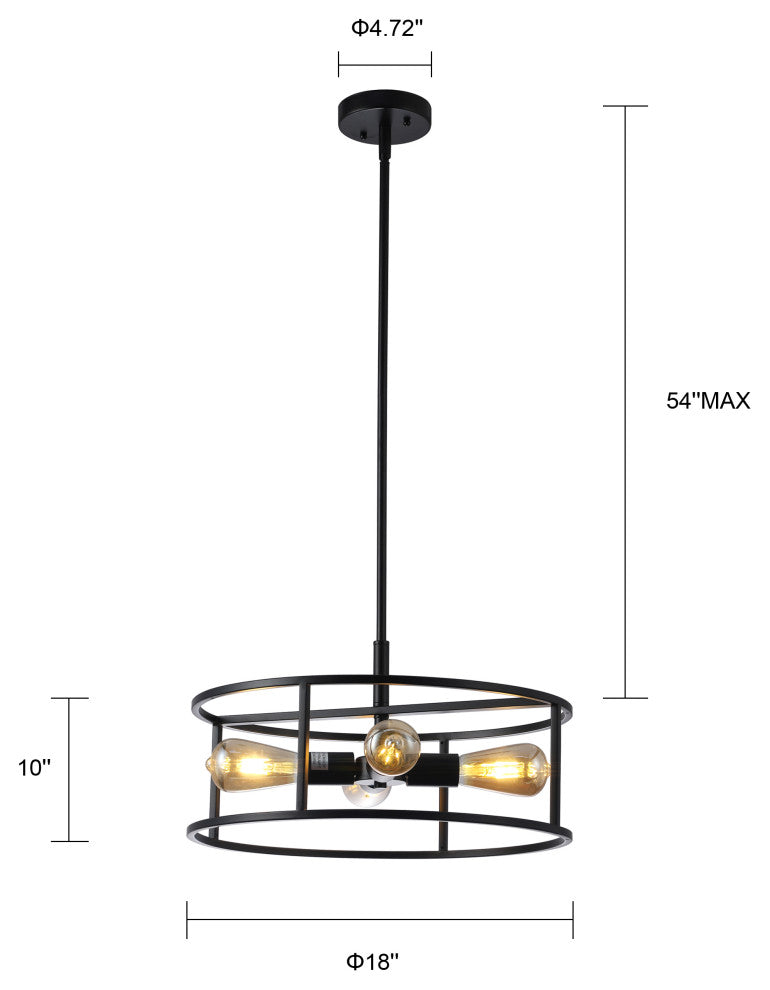 Ryker Farmhouse Matt Black 4 Light Drum Ceiling Pendant 18" Wide