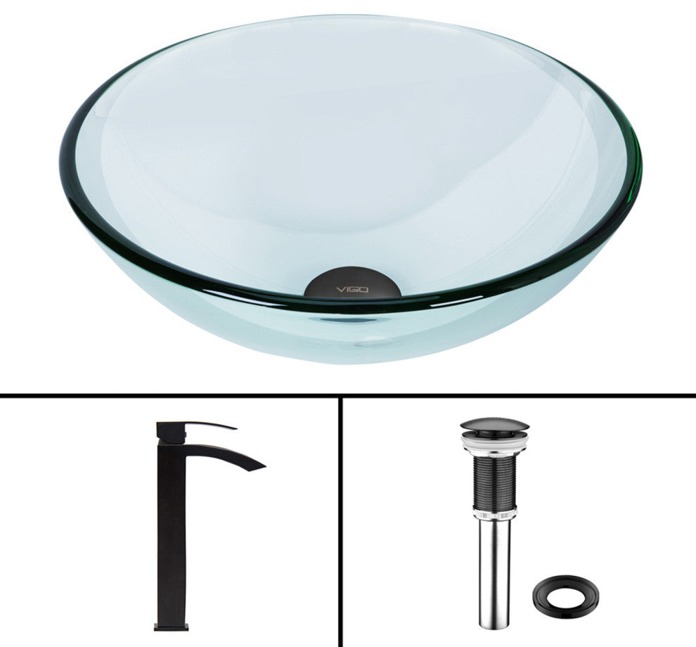 VIGO Crystalline Glass Vessel Sink and Duris Vessel Faucet, Matte Black