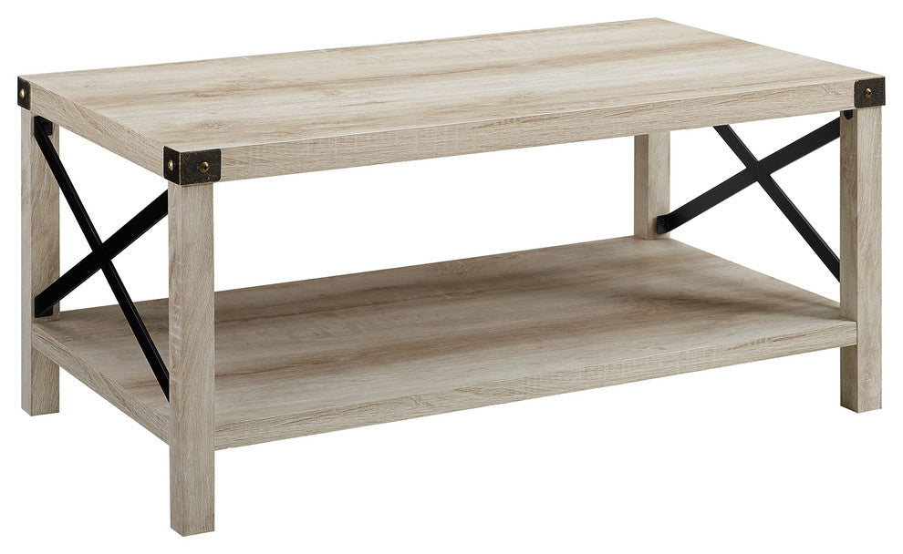 40" Farmhouse Metal "X" Coffee Table with Corner Accents, White Oak