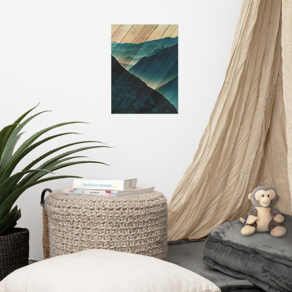 Faux Wood Misty Blue Silhouette Mountain Range Landscape Wall Art, 12" X 16"