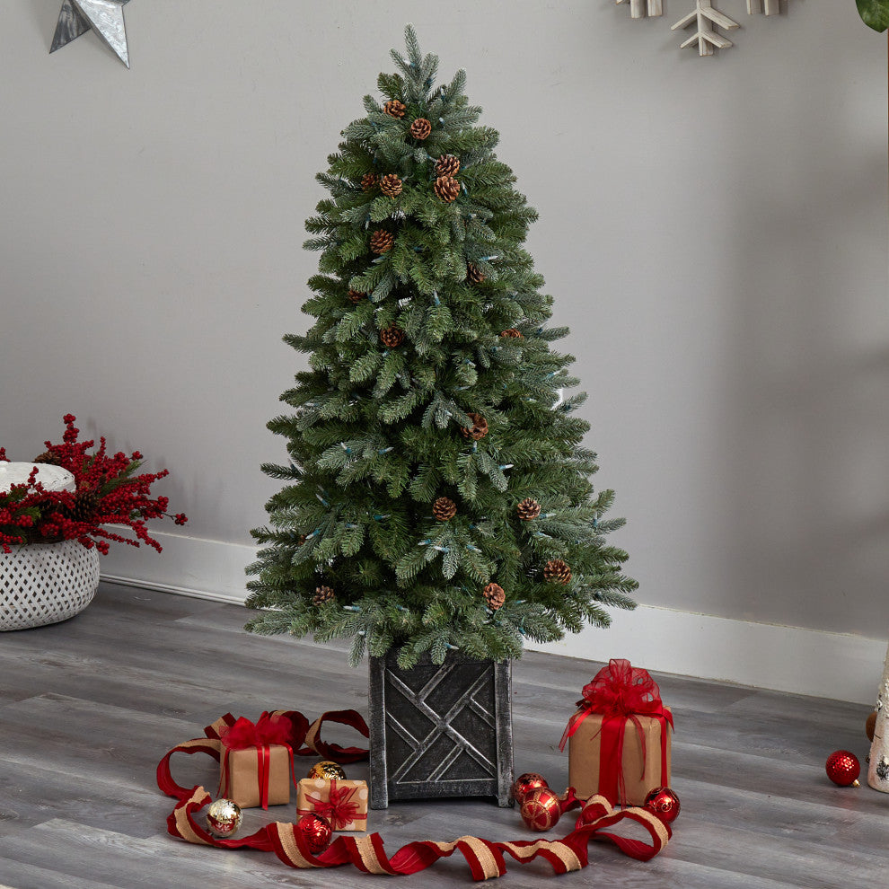 5' Colorado Fir Flocked Faux Xmas Tree W/Lights, Bendable Branches & Pinecones