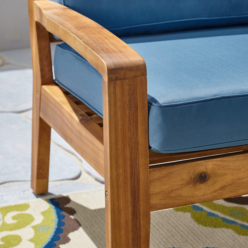 GDF Studio Christian Outdoor Acacia Wood Loveseat/Coffee Set, Teak Finish/Blue