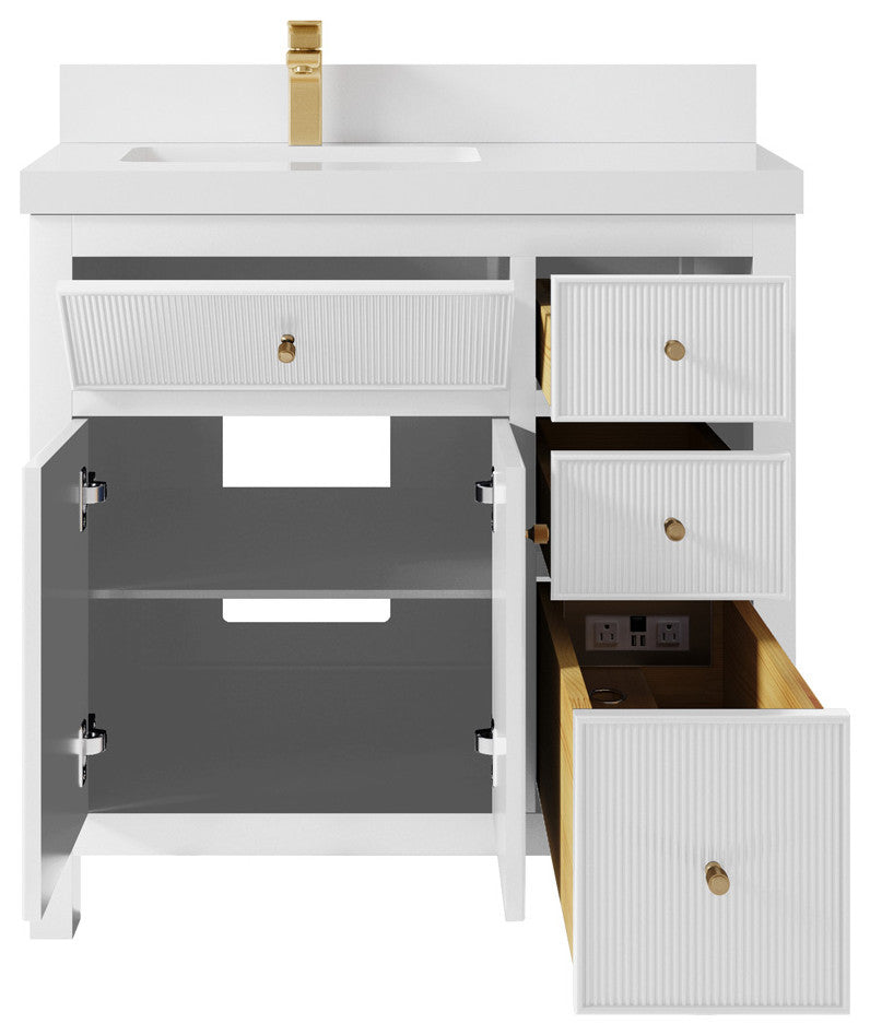 Sonoma 36 Left Offset Reeded Bath Vanity in White 2" White Quartz