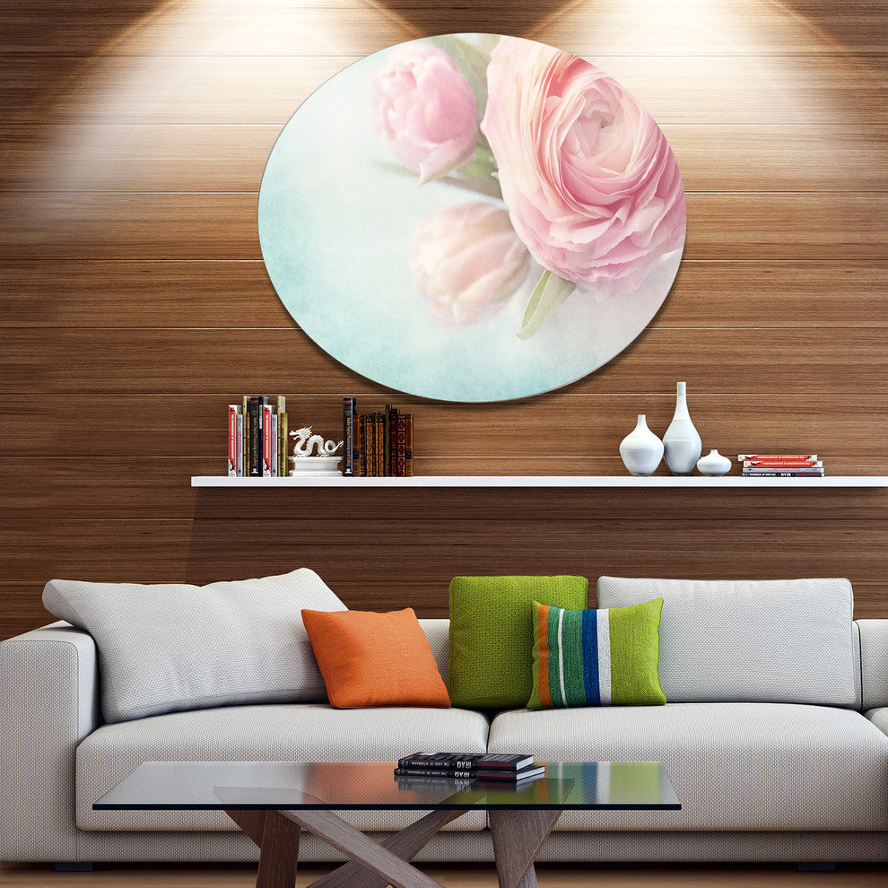 Pink Flowers Against Blue Background, Floral Disc Metal Wall Art, 36"
