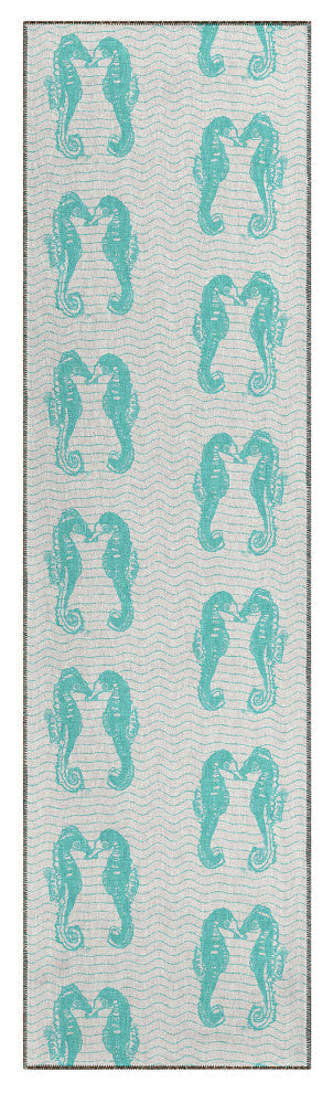 Indoor/Outdoor Seabreeze SZ15 Teal Machine Washable 2'3" x 7'6" Runner Rug