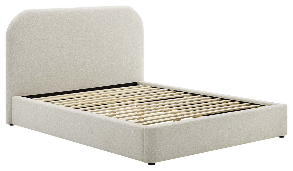 Keynote Upholstered Fabric Curved Full Platform Bed, Heathered Weave Ivory
