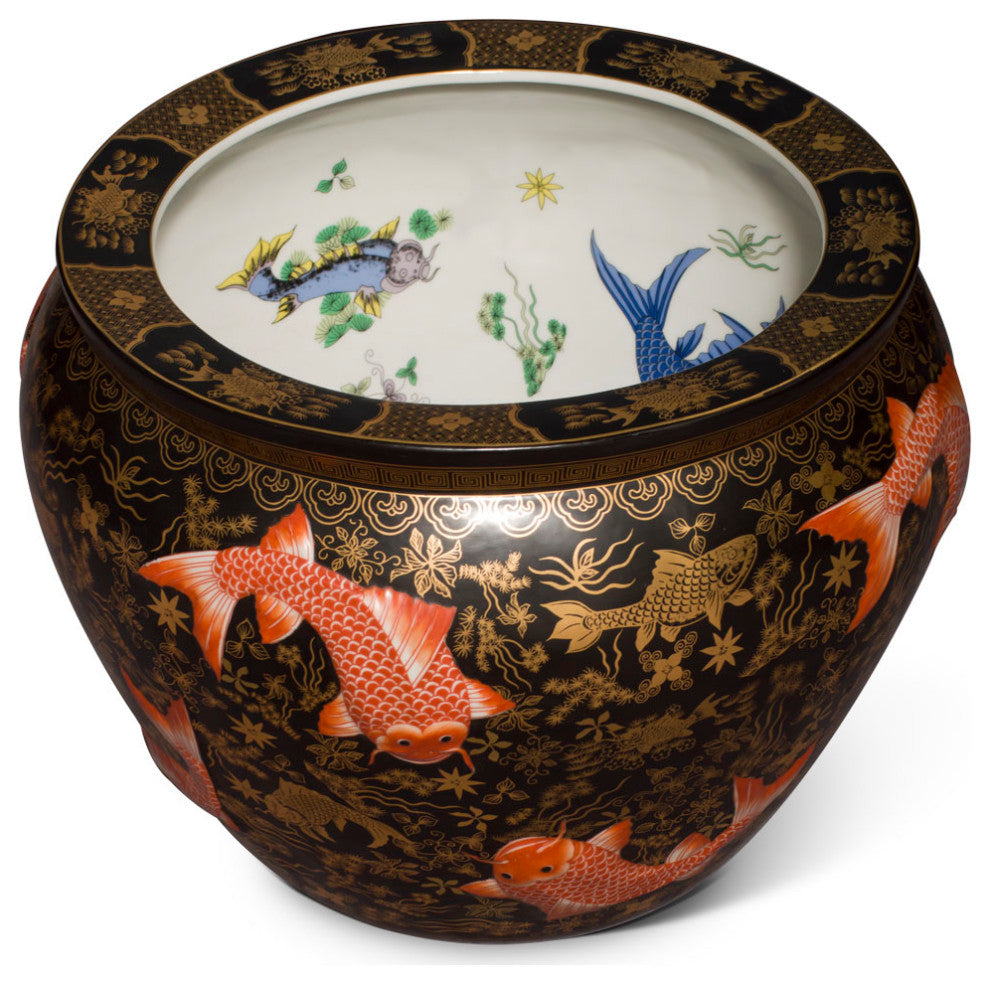 16 Inch Porcelain Koi Fish Motif Chinese Fishbowl Planter