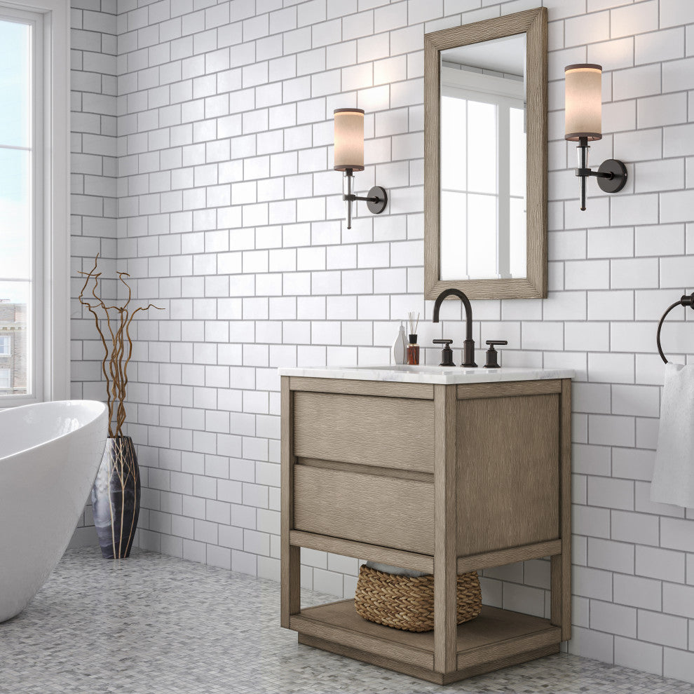 Oakman Marble Top Vanity in Grey Oak, 30", Vanity With Mirror