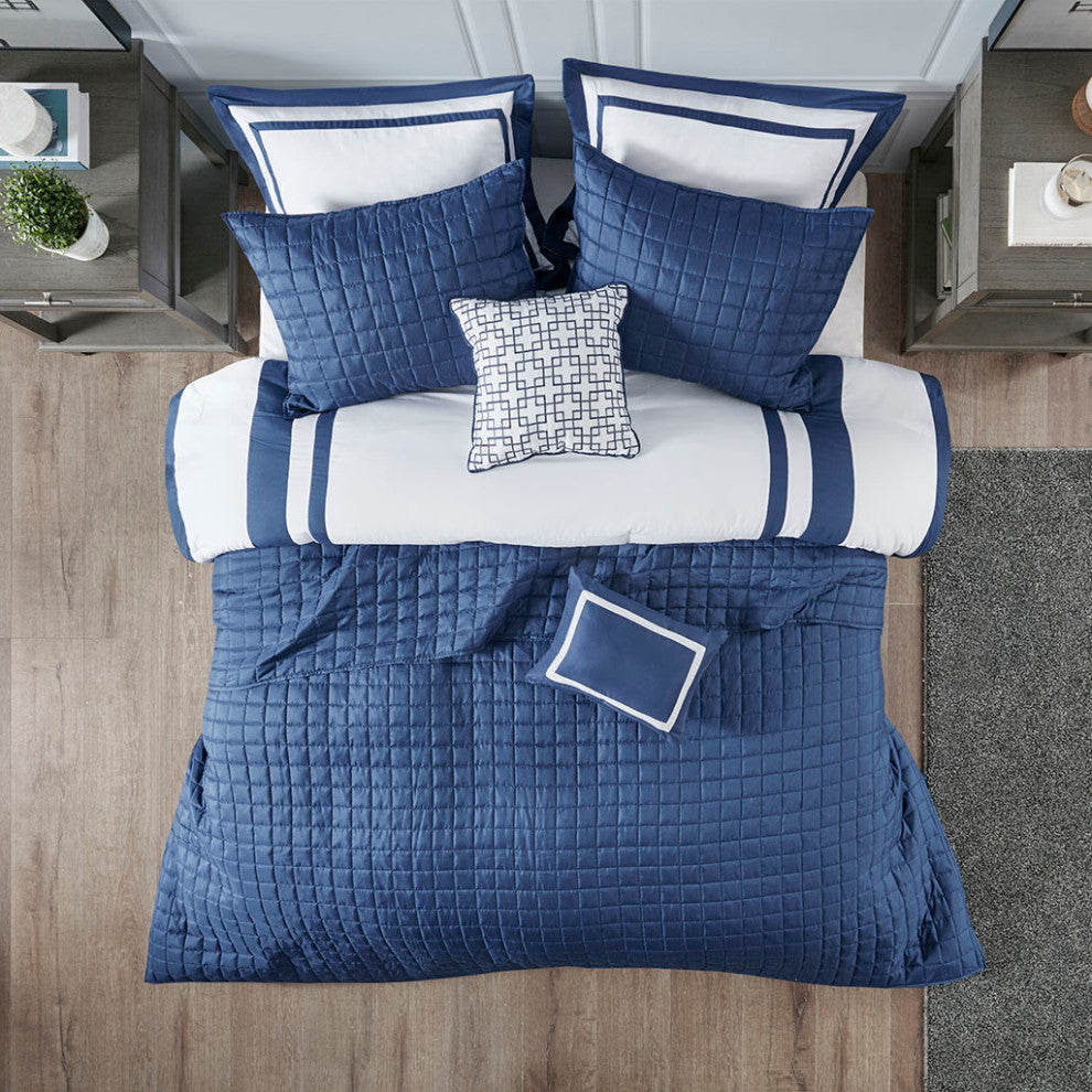 Madison Park Heritage 8 Piece Comforter and Quilt Set Collection, Navy