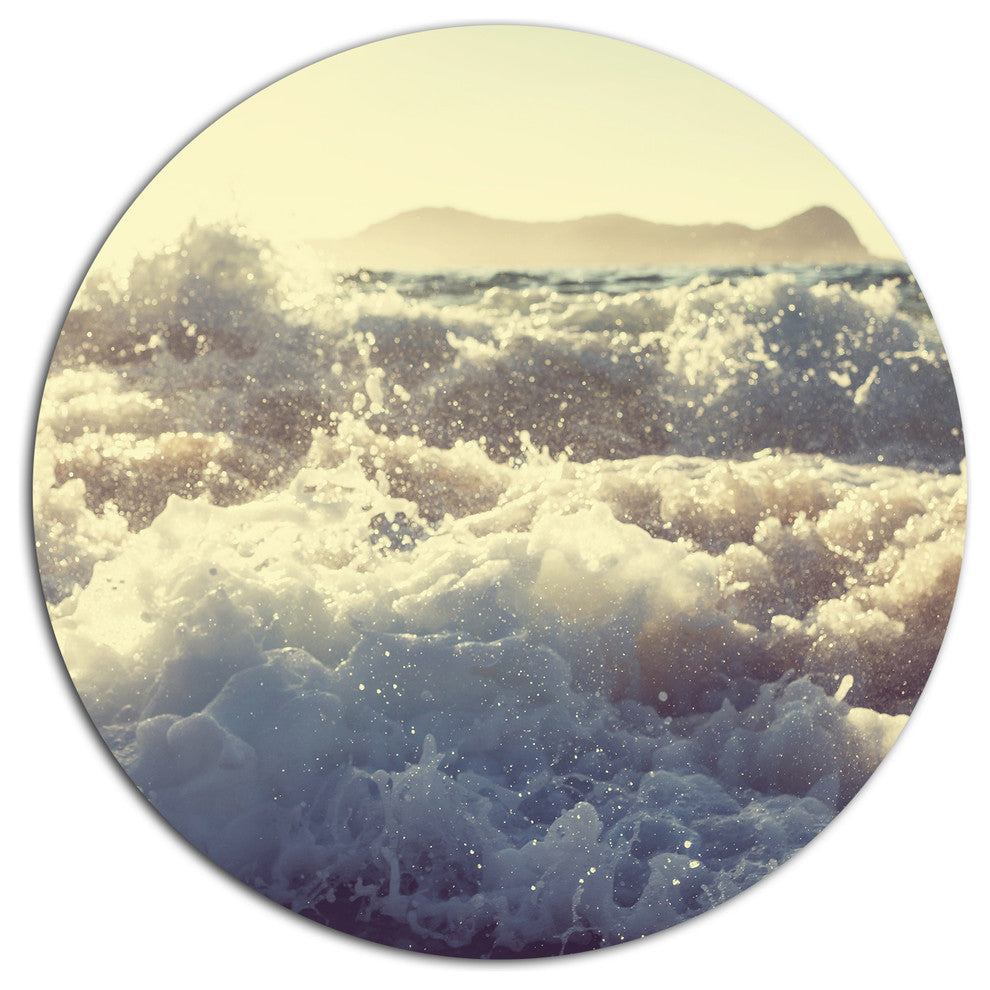 Roaring White Waves On Beach, Seashore Round Metal Wall Art, 23"