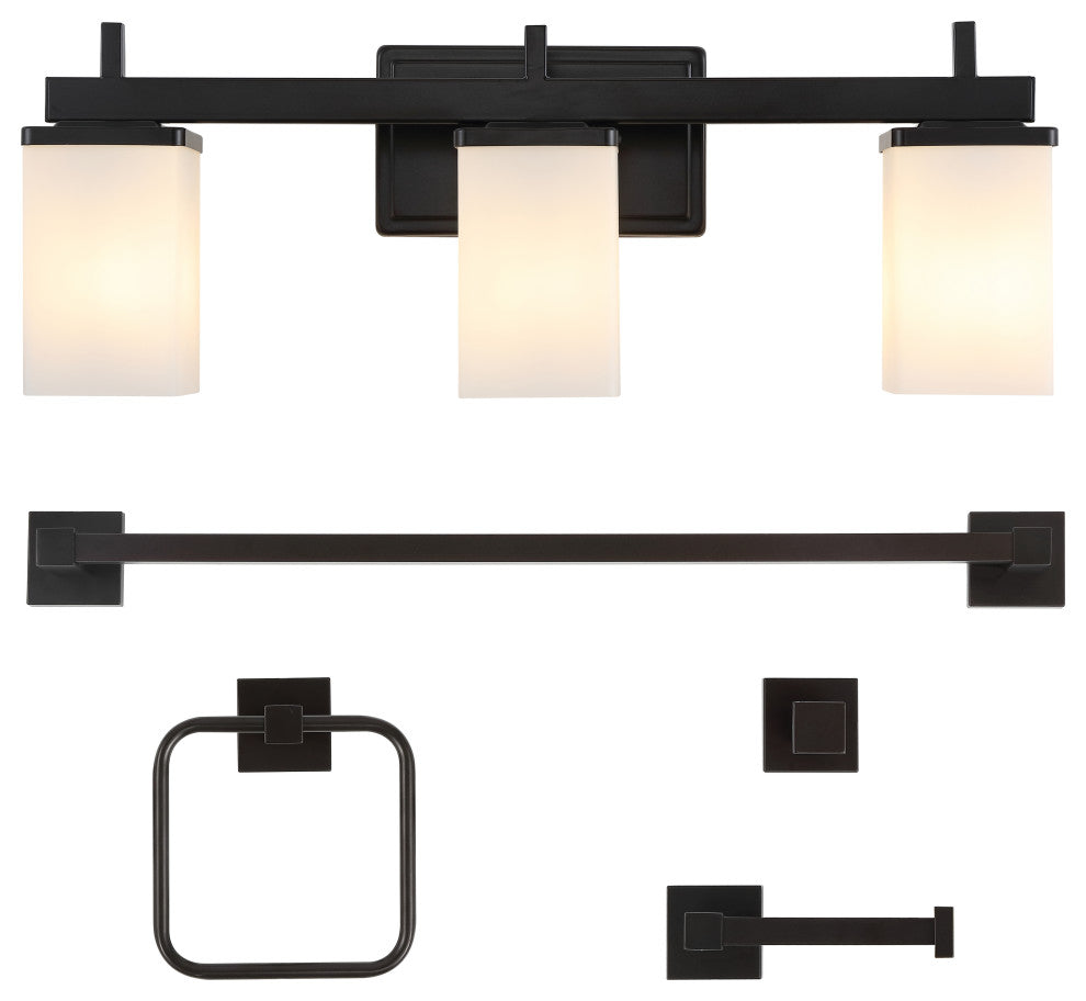 3-Light Modern Vanity, Frosted Glass Shades, Bathroom Accessory Set, 5-Piece