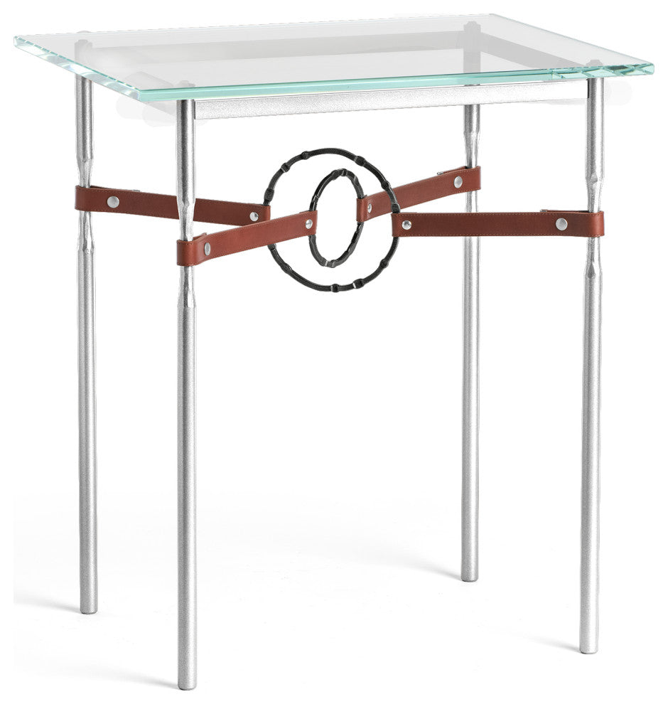 Equus Side Table, Sterling Finish, Black Accents, British Brown Leather Strap