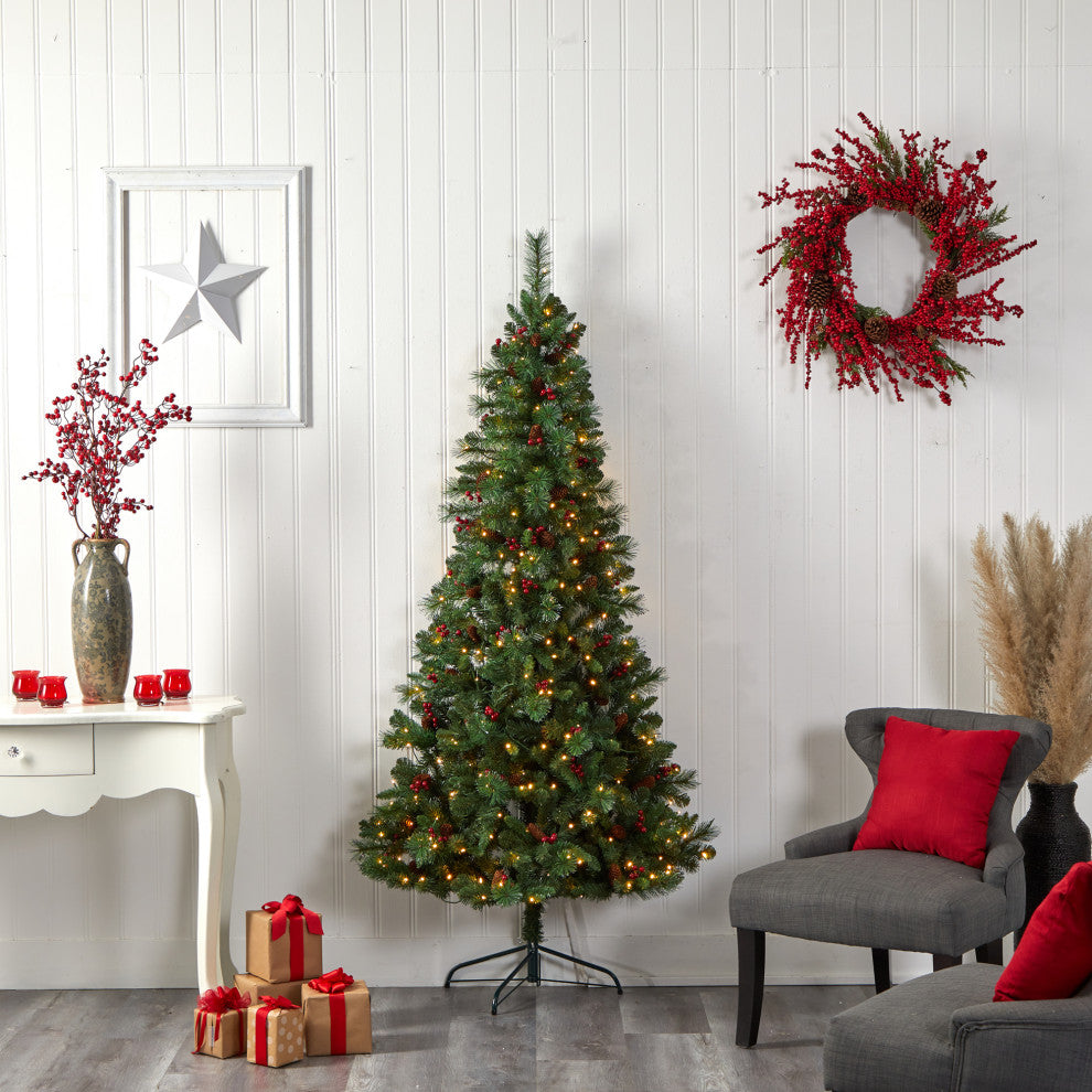 7' Flat Back Montreal Mountain Pine Faux Xmas Tree W/ Pinecones, Berries, Lights