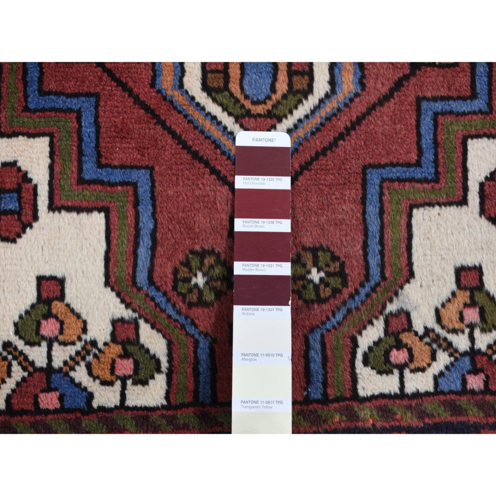 Red Vintage Bohemian Persian Hamadan Pure Wool Hand Knotted Rug 3'5" x 5'