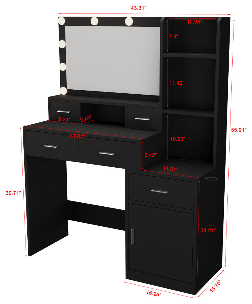 TATEUS Modern Makeup Vanity with 10 Light Modes and Ample Storage, Black White