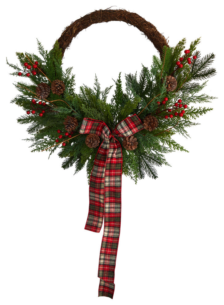 28" Pine and Pinecone Artificial Christmas Wreath With Decorative Bow