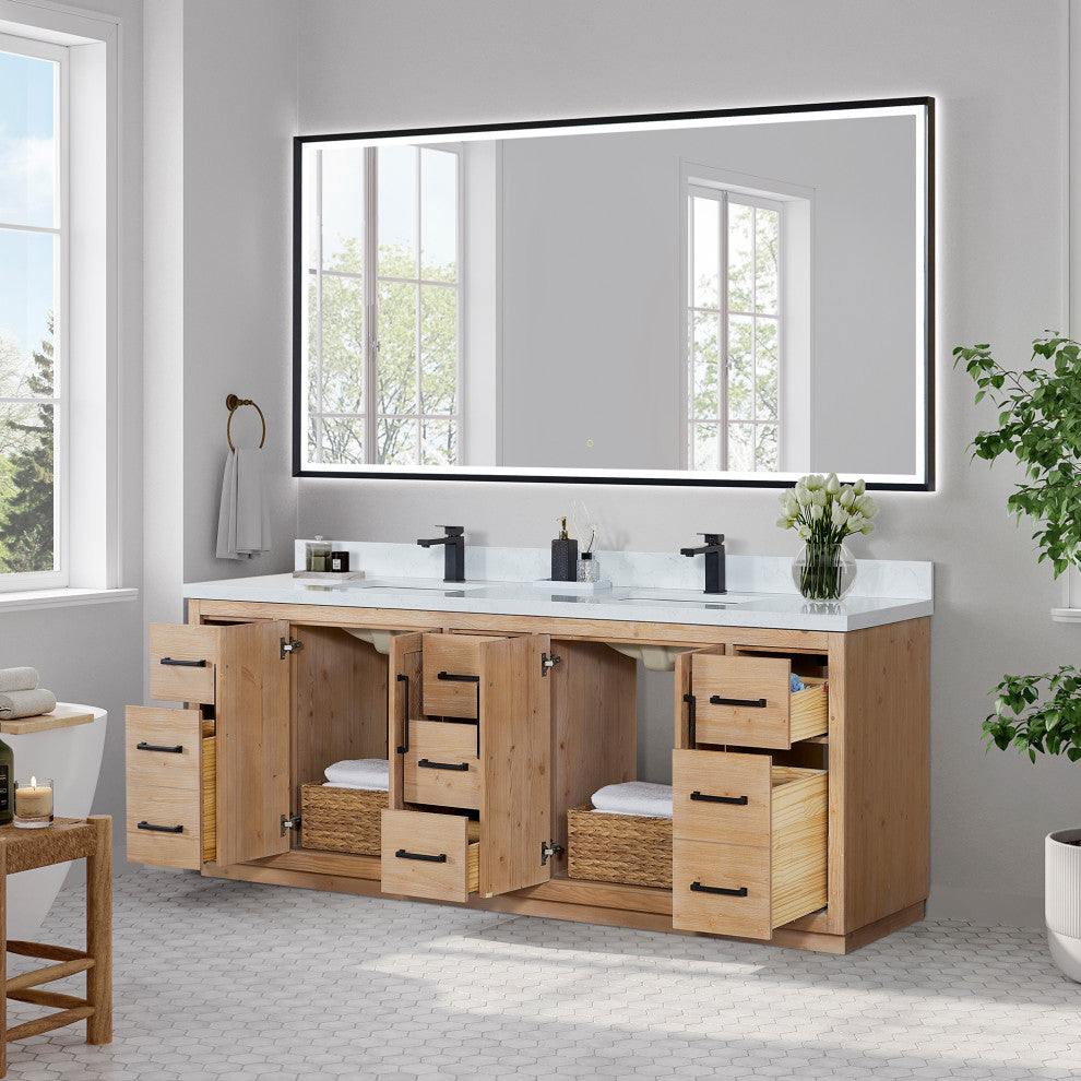 Anais Vanity Grain White Engineered Stone Countertop, Light Brown, 84", With Mirror