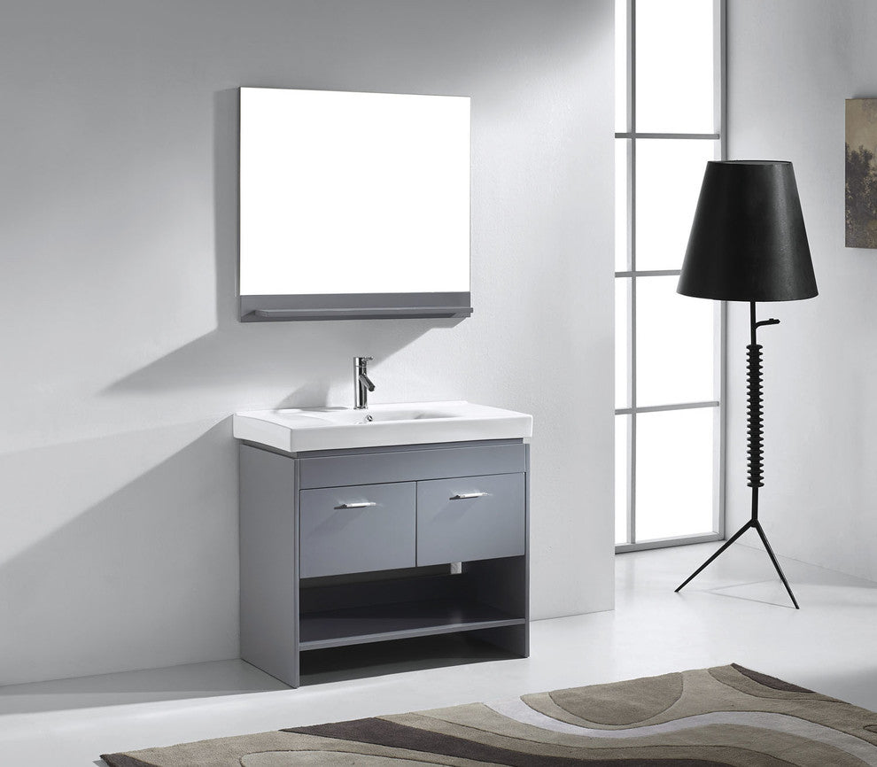 Virtu Gloria 36" Single Bathroom Vanity, Gray, Brushed Nickel Faucet, Mirror