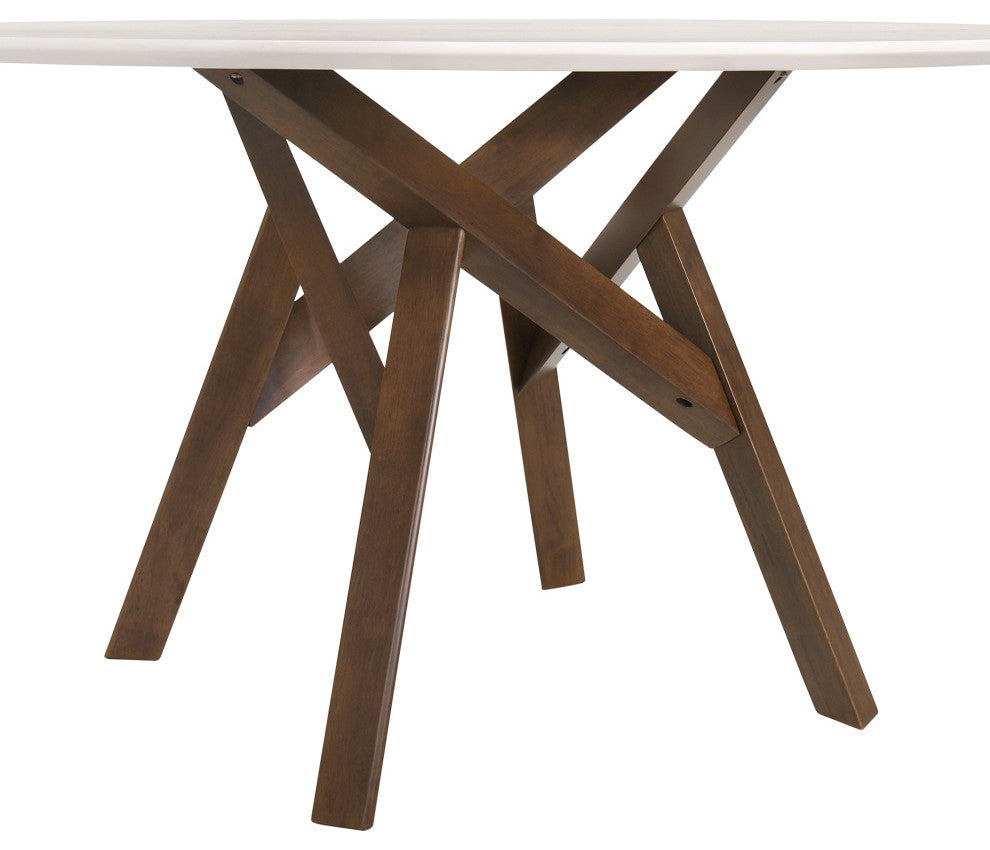 Venus 54" Round White Marble Dining Table With Walnut Wood Legs