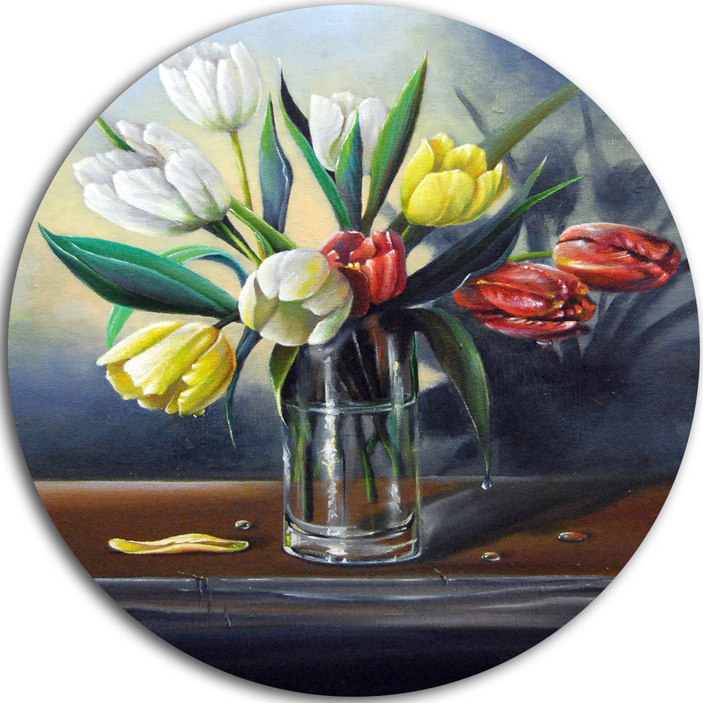 Red White Yellow Tulips, Floral Painting Disc Metal Artwork, 11"
