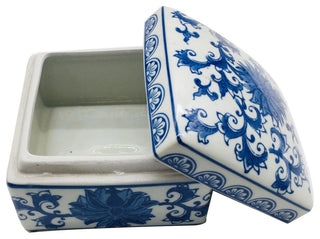 Blue & White Chinoiserie Square Ceramic Box - Lotus