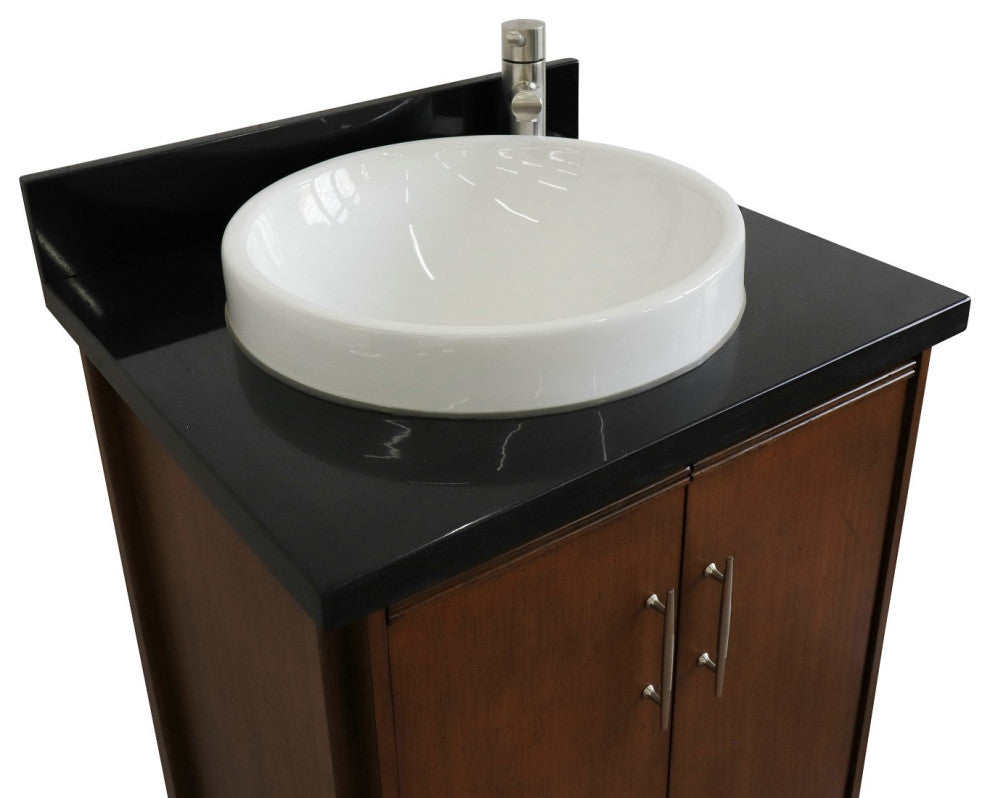 25" Single Sink Vanity, Walnut Finish With Black Galaxy Granite and Round Sink