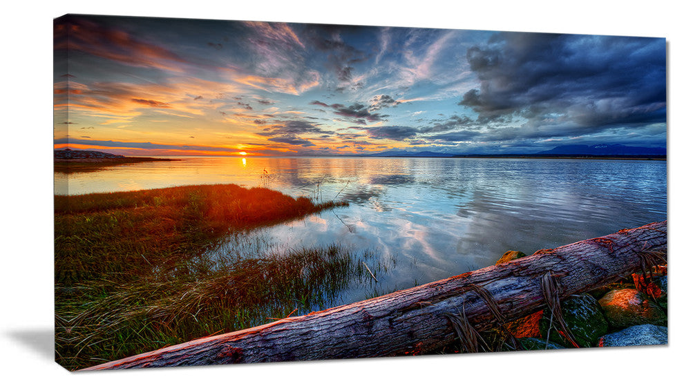 Colorful River Sunset With Log, Seashore Canvas Art Print, 32"x16"