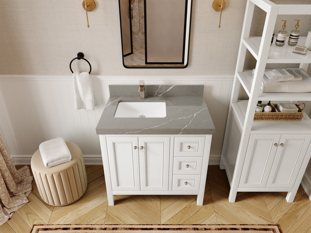 Nashville 36" Left Offset Bath Vanity, White 2" Piatra Gray