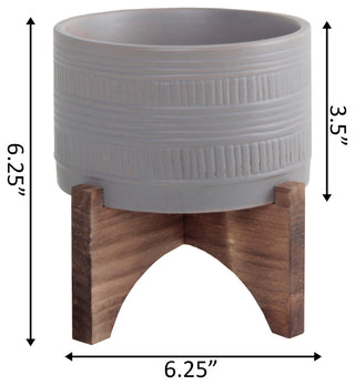 5"  Pueblo Pot W Wood Stand,Matt Grey
