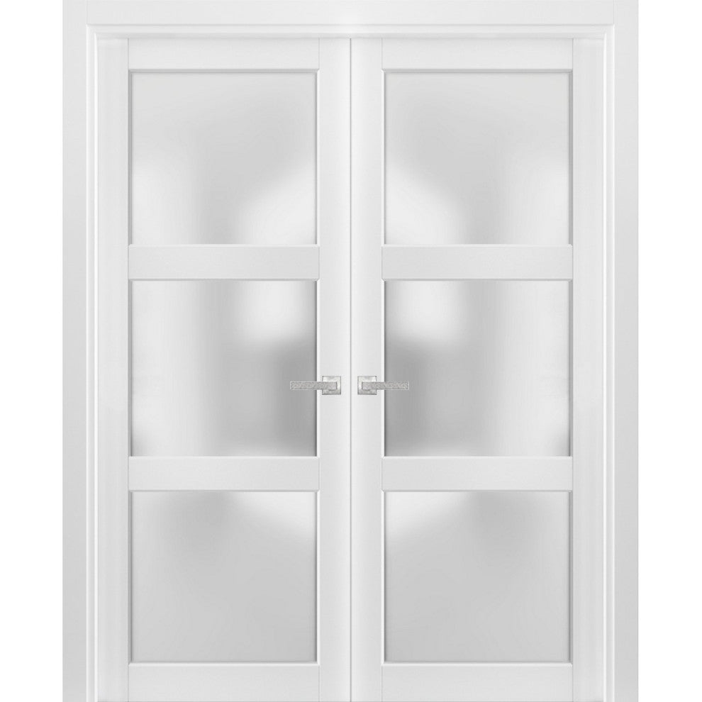 French Double Doors |Lucia 2552 White Silk with Opaque Glass -56x80