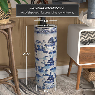 24" Landscape Blue and White Porcelain Umbrella Stand