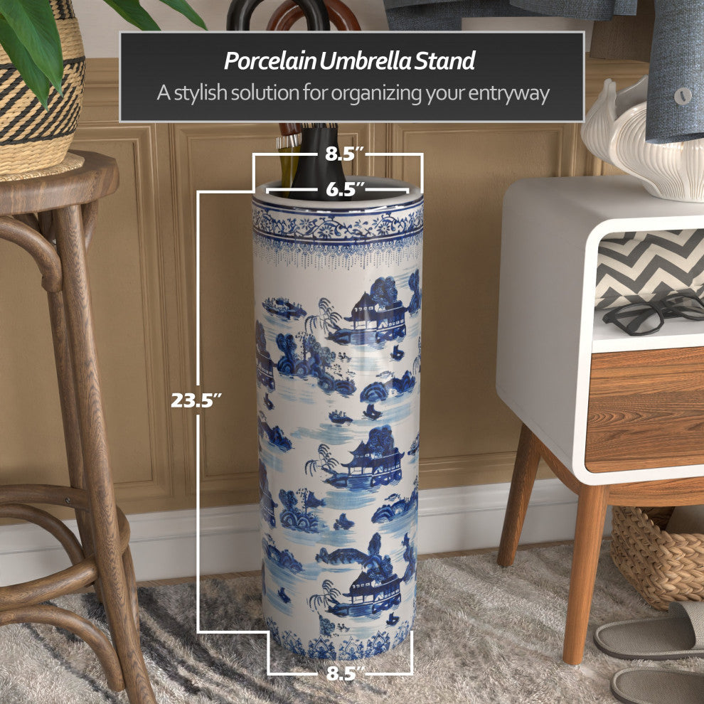 24" Landscape Blue and White Porcelain Umbrella Stand