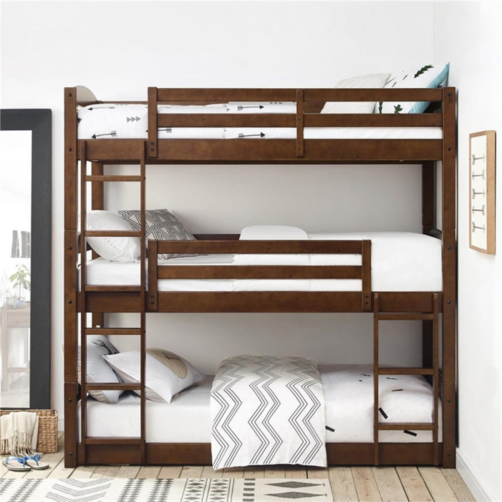 Pemberly Row Transitional Wood Twin over Twin Triple Bunk Bed in Mocha Brown