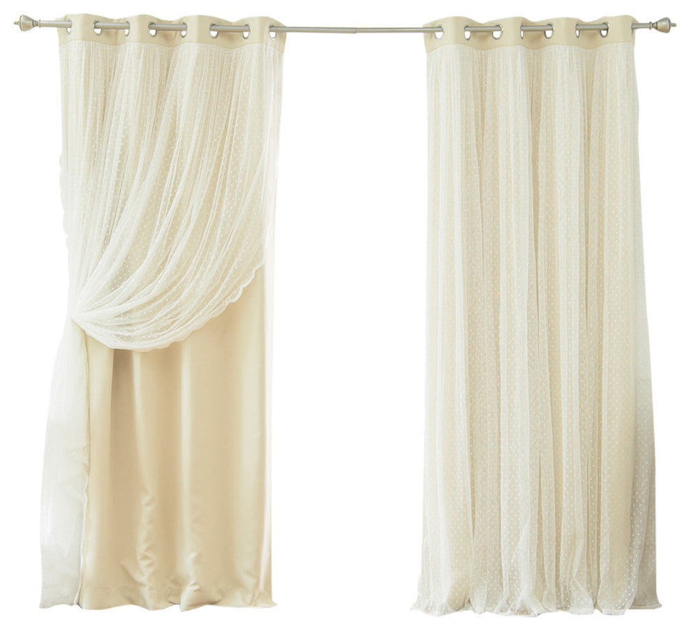 Dotted Lace Overlay Blackout Curtains, Beige, 96"