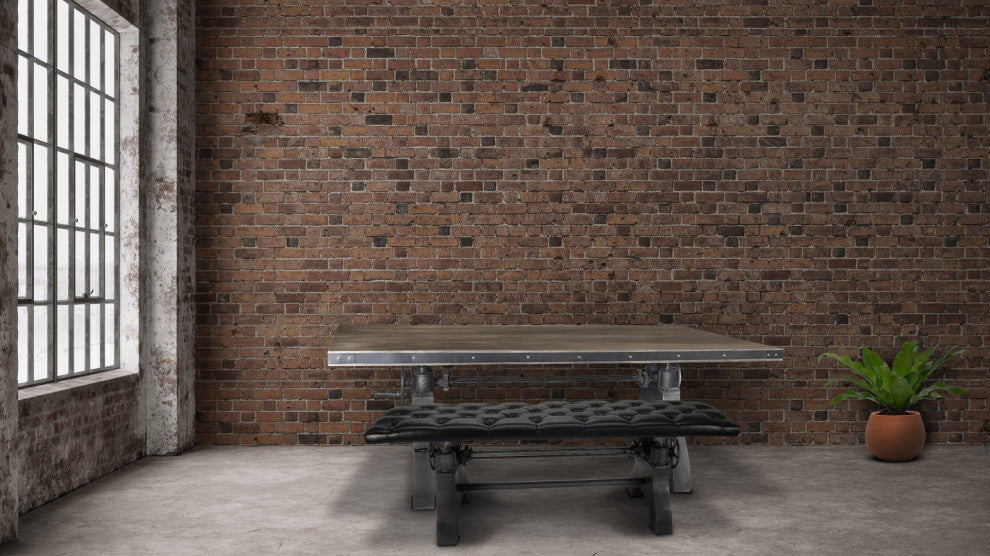 Industrial Dining Bench Seat - Cast Iron Base - Adjustable Black Leather Top