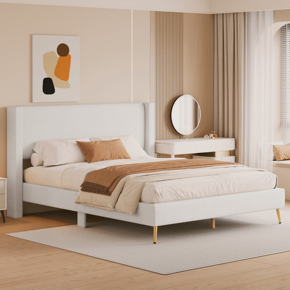 Gewnee Queen Size Corduroy Platform Bed with Metal Legs