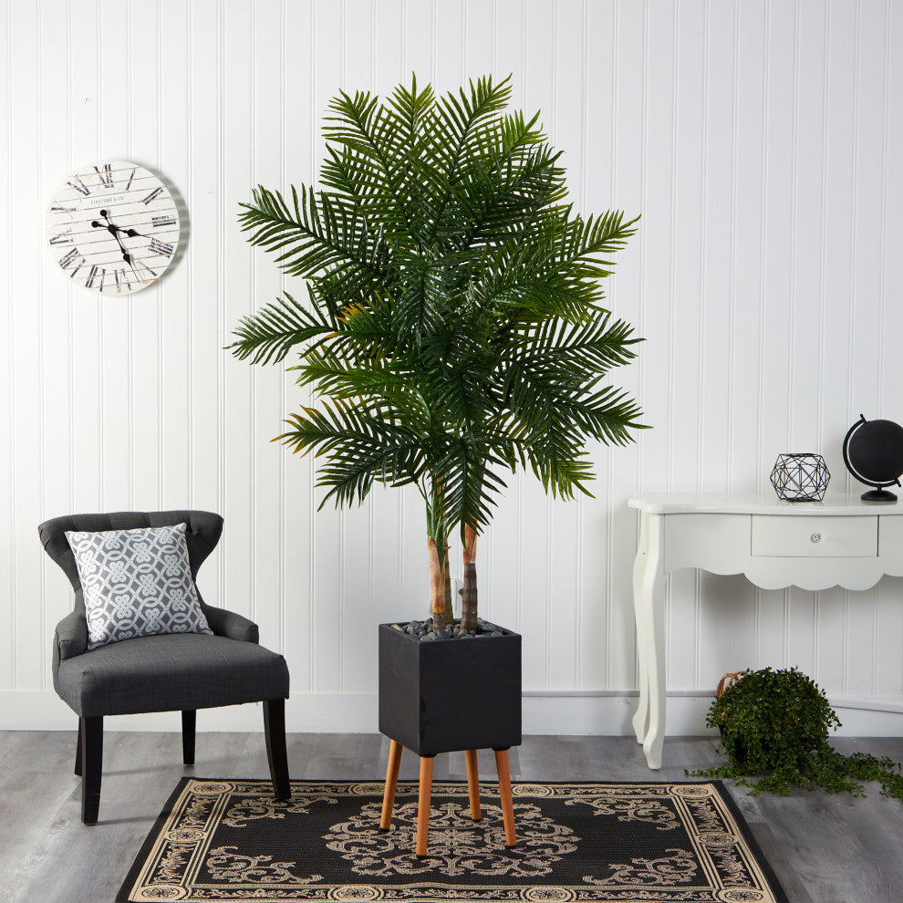 70" Areca Palm Artificial Tree, Black Planter With Stand