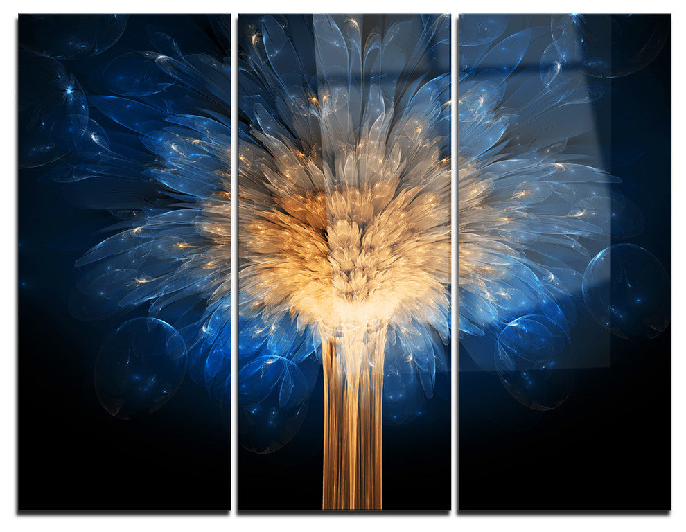 "Fractal 3-D Blue Dragon Flower" Metal Wall Art, 3 Panels, 36"x28"