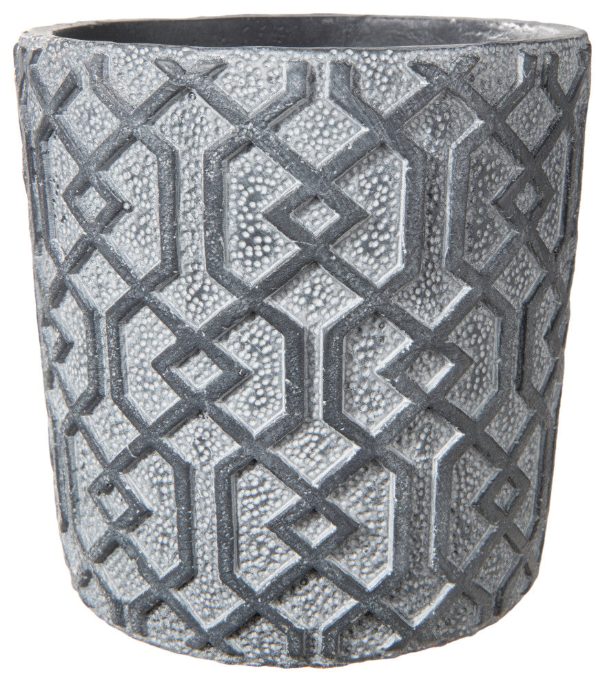 Cement Pot Embossed Interlocking Shapes Design Washed Gray Finish, Large