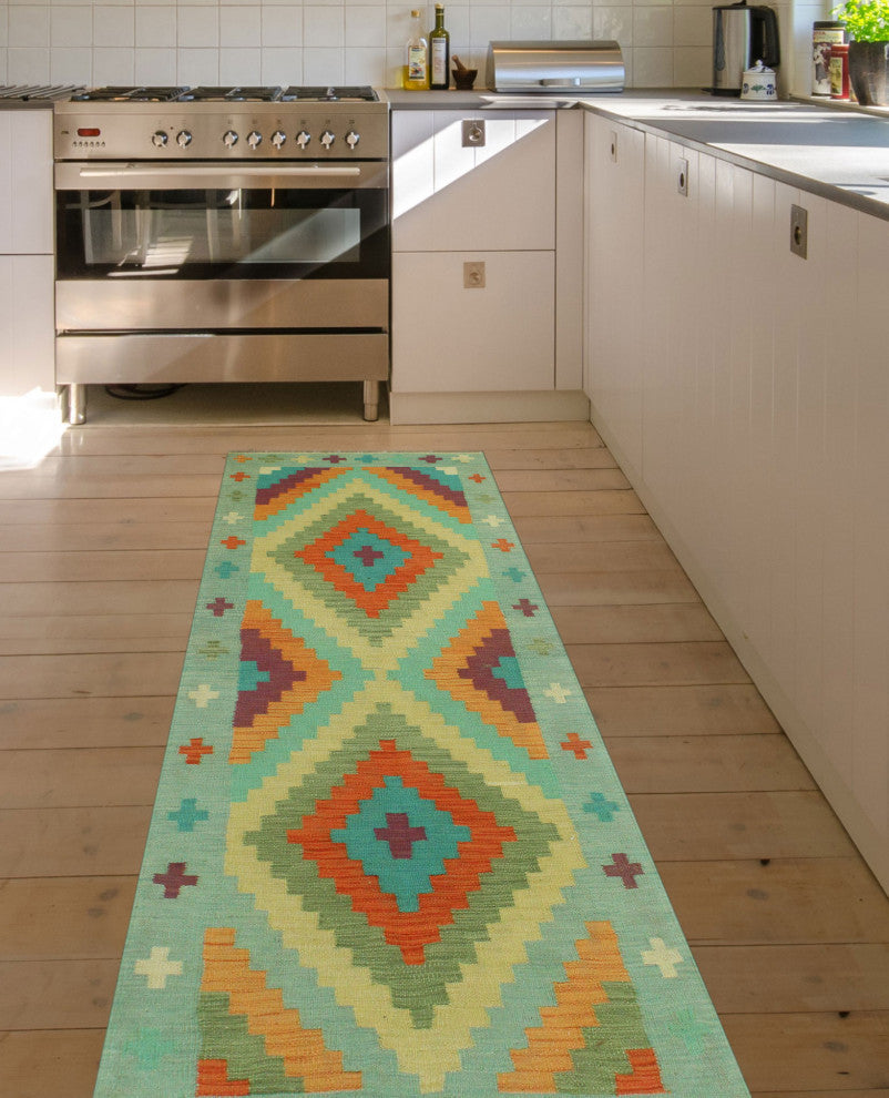 Sangat Kilim Radburn Light Green/Gold Runner, 2'7x7'10