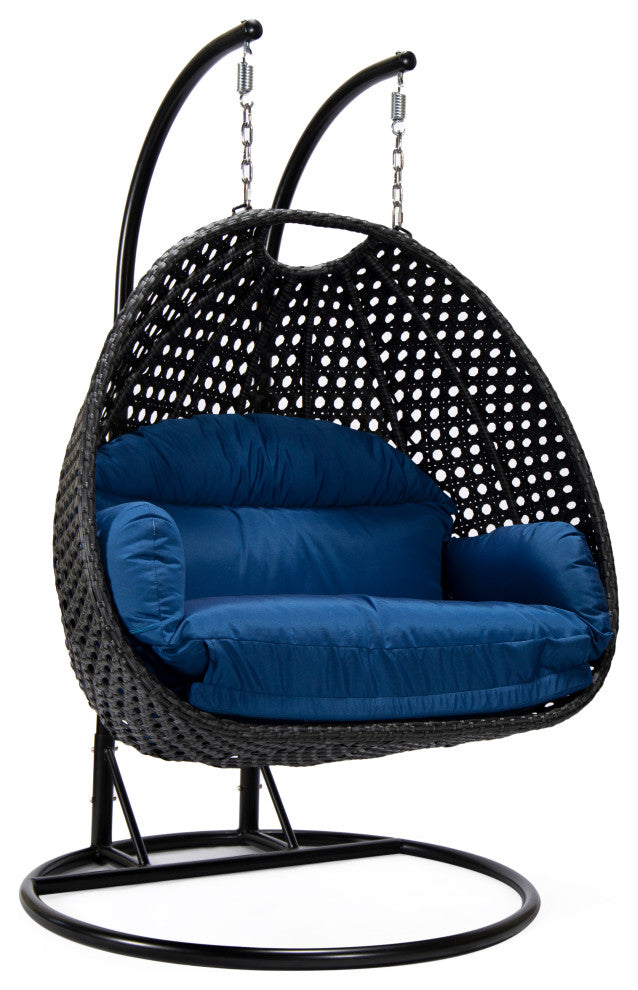 LeisureMod Mendoza Charcoal Wicker Hanging Double Egg Swing Chair, Blue