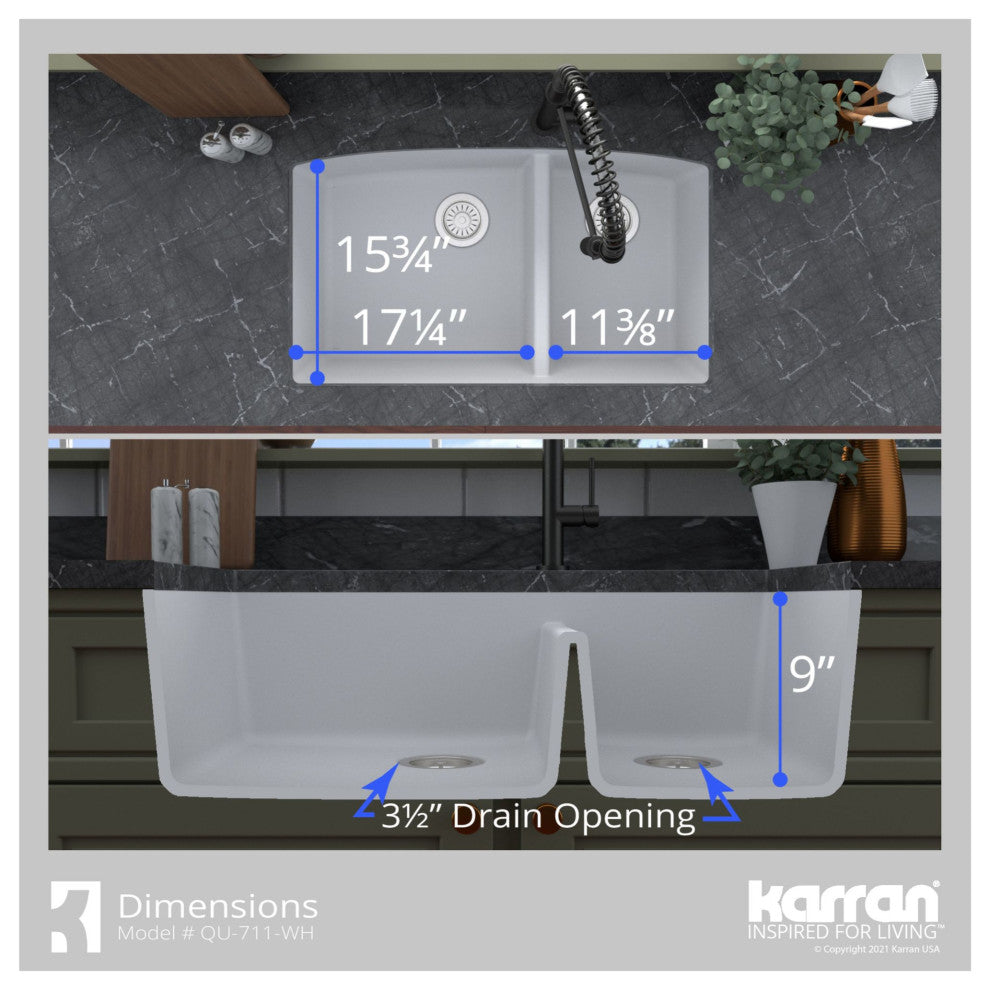 Karran Undermount Quartz 32" 60/40 Double Bowl Kitchen Sink Kit, Black